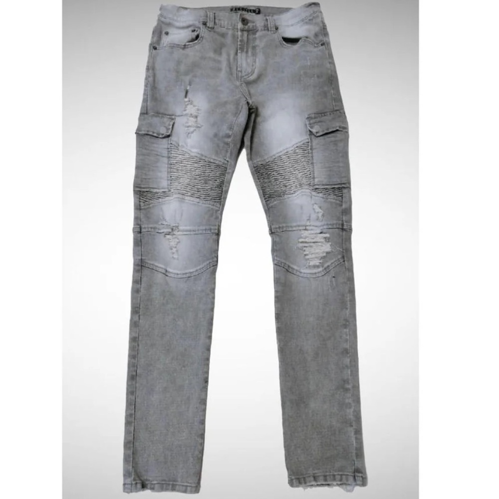 PREME Jeans Men’s Cargo Denim Biker Jeans - Size 36 x 33 Grey (PR-WB-394)